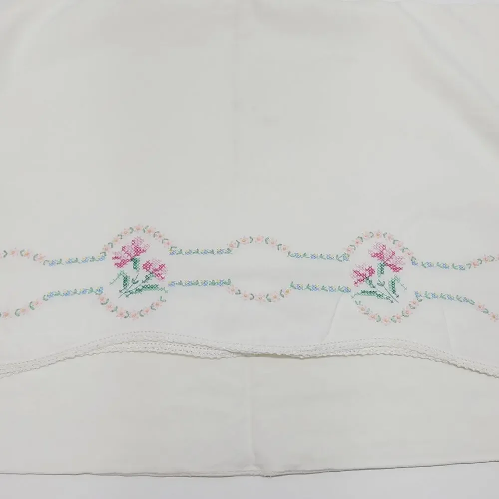 Vtg Hand Embroidered Pink Flower Floral Border Cotton Pillowcase Single Standard